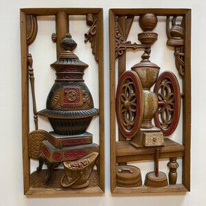 Burwood Products Co Framed Pot Belly Stove Coffee Grinder Resin Wall Hangers
